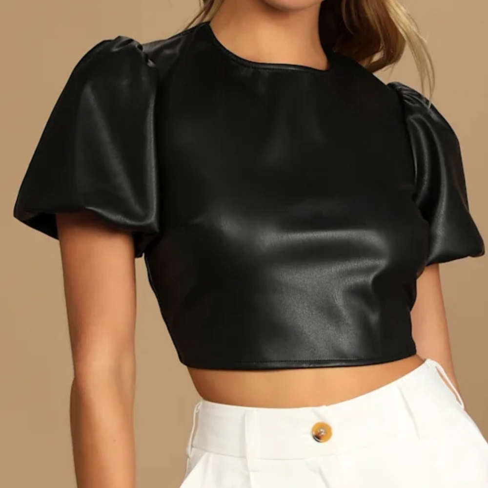 Lulu's Black Vegan Leather Lace Up Puff Top